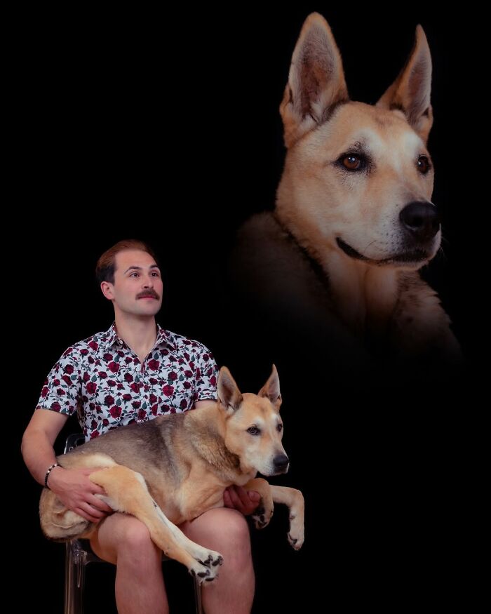 A man with a mustache holding his pet dog, with a portrait of the dog floating above on a black background, showcasing quirky portraits of pets and their owners.