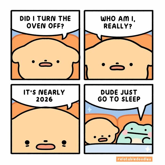 A comic about everyday life where a character questions if the oven is off, then their identity, while in bed.