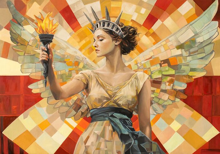 Stunning painting by Michel Devanakis depicting a winged Statue of Liberty holding a burning torch.