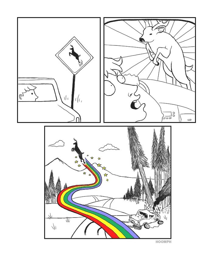 A Bips McCallister comic depicting a car hitting a deer, which then rides a rainbow away from the crashed vehicle.