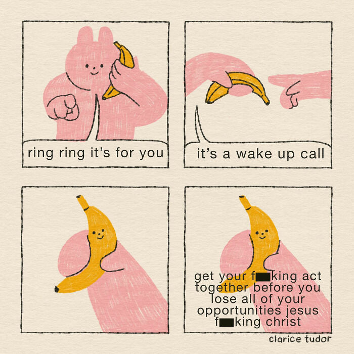 Pink rabbits deliver wake-up call in snarky British humor comic by Clarice Tudor.