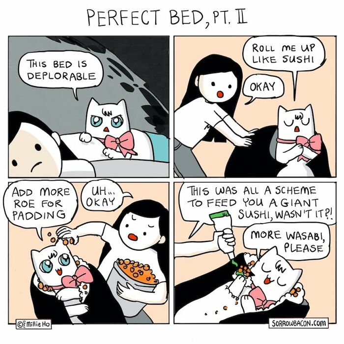 Artist creates comics with funny twists, illustrating a cat demanding to be rolled into a sushi bed.