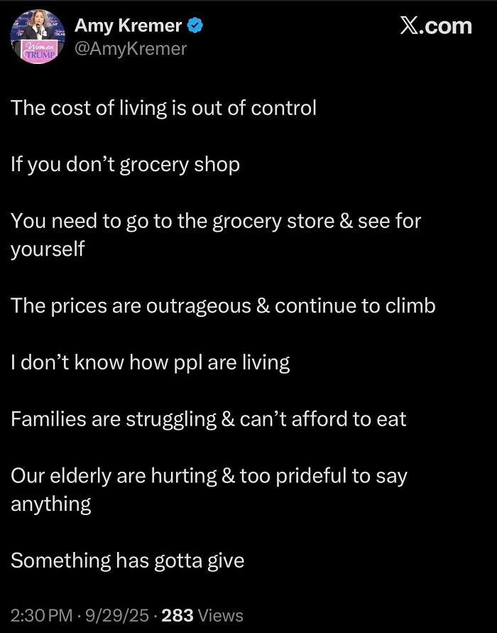 A tweet by Amy Kremer discussing the cost of living and families struggling, highlighting hypocrisy.