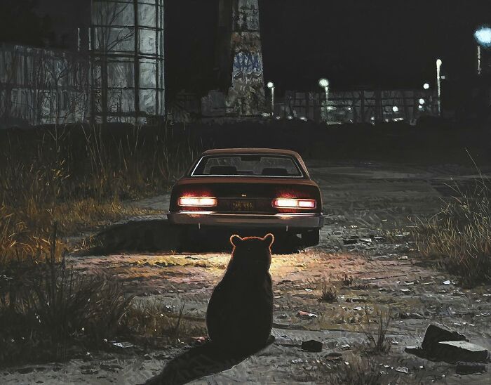 A bear sitting on a desolate road at night, from dystopian paintings by Kevin Peterson