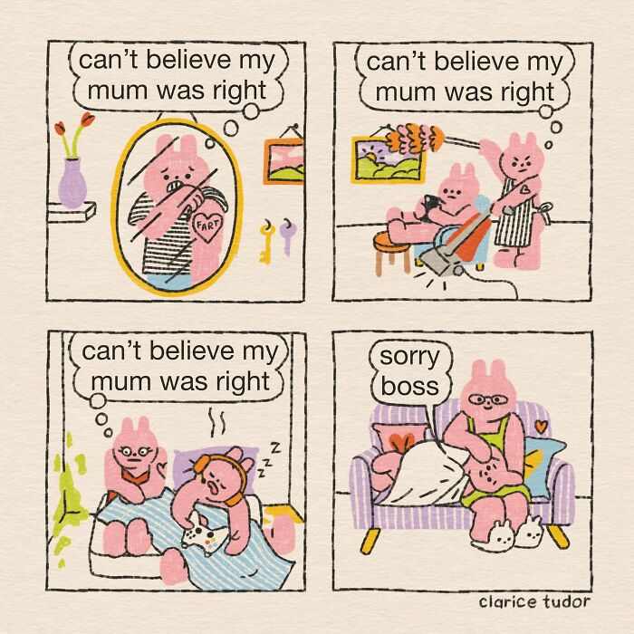 Funny pink rabbit scenes realizing mom was right with everyday activities in British humor
