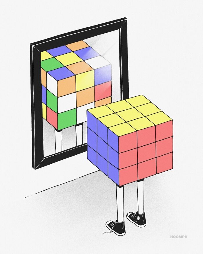 A humorous comic by Bips McCallister showing a Rubik's Cube with legs looking at its reflection in a mirror.