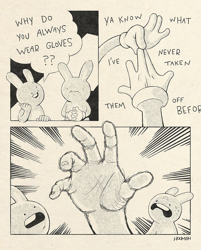 A comic by Bips McCallister where a bunny asks why another wears gloves, revealing their hands are just tiny stumps.