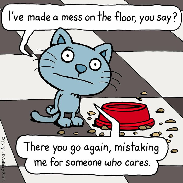 Cattitude: An artist illustrates a cat with a messy food bowl, showing indifference about the mess it made.
