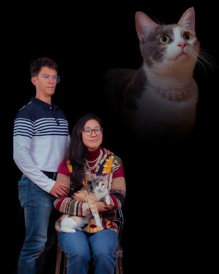 Quirky portraits of pets and their owners: a couple with their calico cat, and a floating cat head.