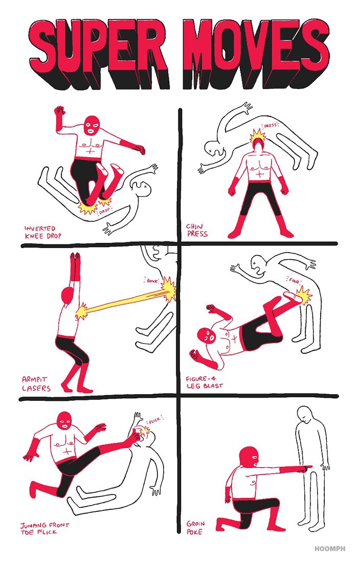 Hilarious comics by Bips McCallister, a wrestler demonstrates various super moves like inverted knee drop and armpit lasers.
