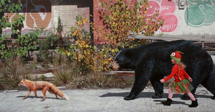 A girl walking with a black bear and a fox in a dystopian painting by Kevin Peterson