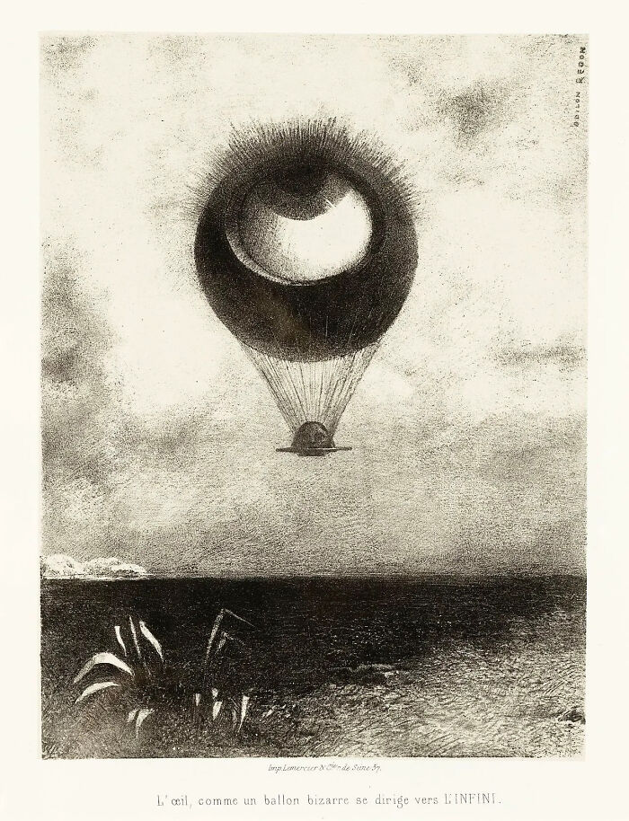 A bizarre eye-shaped balloon floats over a dark, barren landscape, a strange and famous painting.
