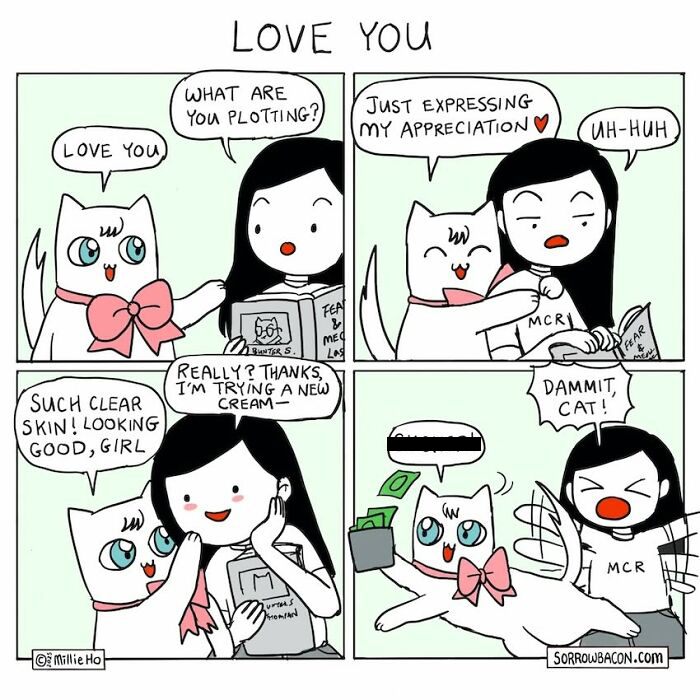Artist creates comics about a cat plotting mischief, a funny twist on life's random things.