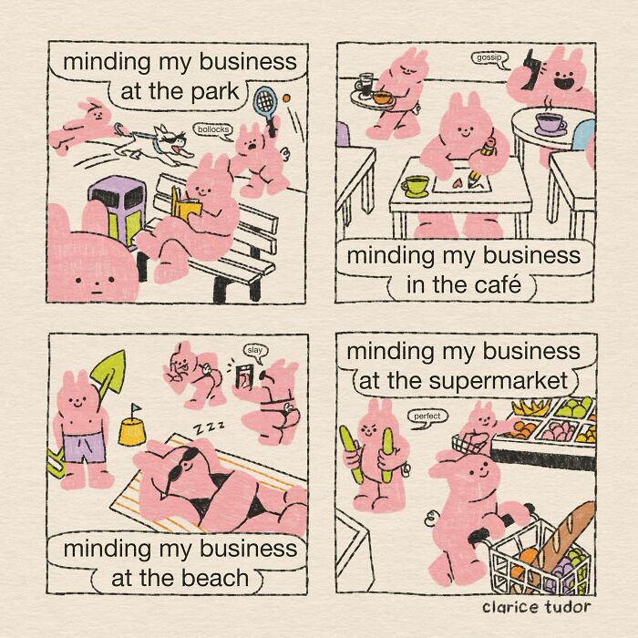 Illustration of pink rabbits minding their business in park, cafe, beach, and supermarket