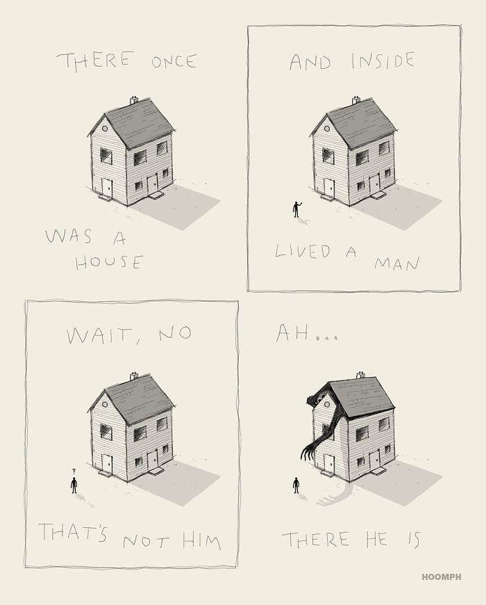 Hilarious comics by Bips McCallister, a small house with a man inside grows a monstrous tentacle, revealing its true inhabitant.