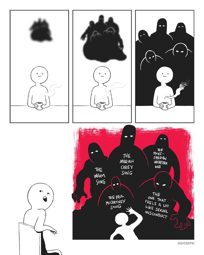 Hilarious comics by Bips McCallister, a person drinking coffee is surrounded by shadowy figures representing annoying Christmas songs.