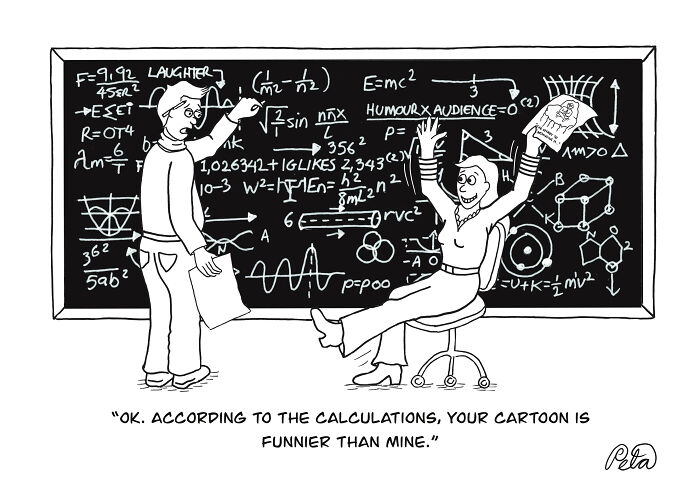 Comic of two characters analyzing humor formulas on a chalkboard
