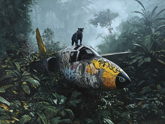 A wild animal stands on a crashed plane overgrown with jungle plants in dystopian paintings by Kevin Peterson.