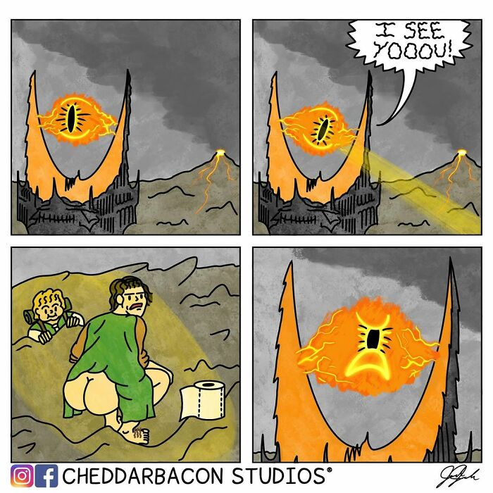 A comic exaggerating the insanity and relatability of being an adult, depicting the Eye of Sauron seeing Frodo on a toilet.