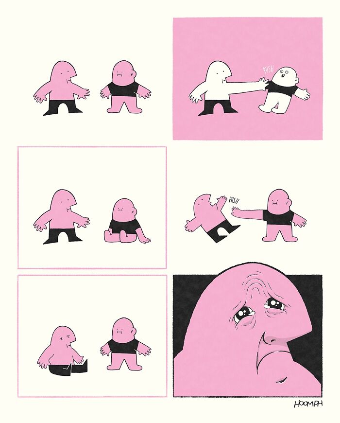 Hilarious comics by Bips McCallister, a pink character pushes another, who then sits down and cries into a puddle.