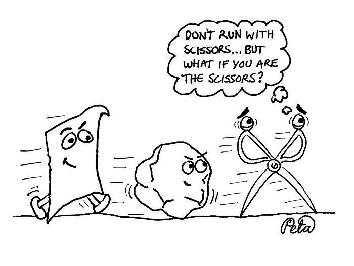 Comic with paper, rock, and scissors character humor from Peta Manning