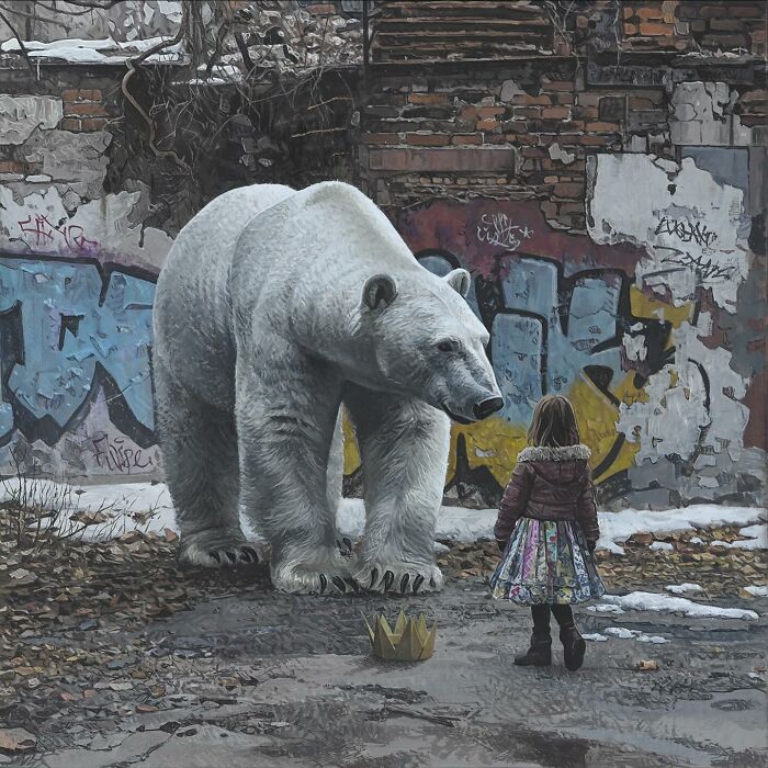 A young girl stands before a large polar bear in dystopian paintings by Kevin Peterson.
