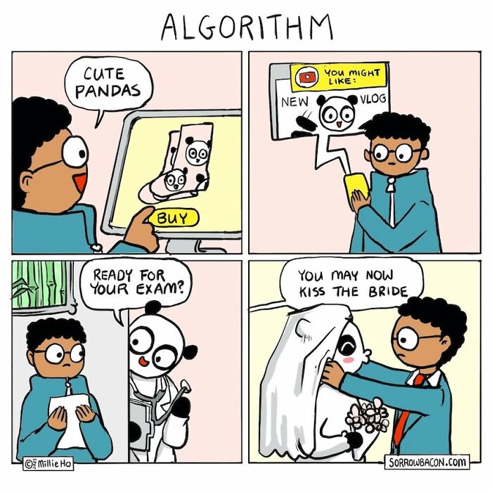 Artist creates comics with funny twists, depicting an algorithm leading to a panda-themed wedding.