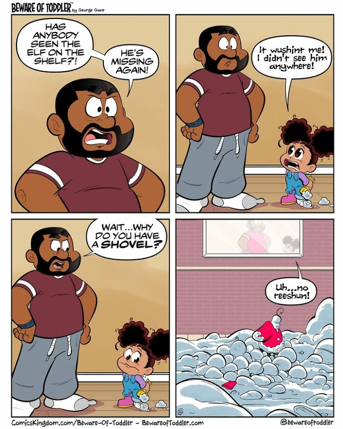 A comic depicting the chaos of parenting a toddler, who buried an Elf on the Shelf in snow.