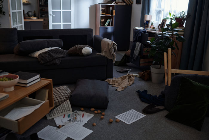 Messy living room with scattered papers, cushions, and disorganized furniture