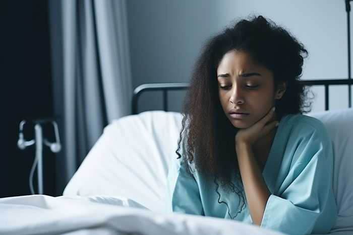 A sad woman in a hospital gown sitting on a bed, possibly suffering from a post c-section infection.