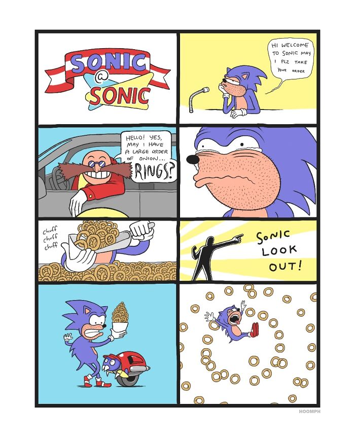 Hilarious comics by Bips McCallister, Sonic the Hedgehog receives a large order of onion rings from Dr. Eggman at a drive-thru.