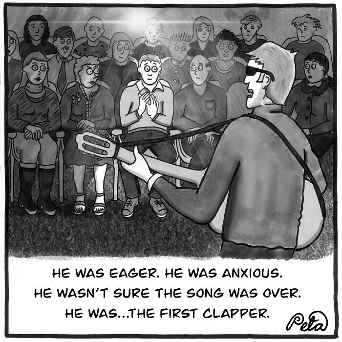 Comic showing anxious man as the first clapper in a concert audience