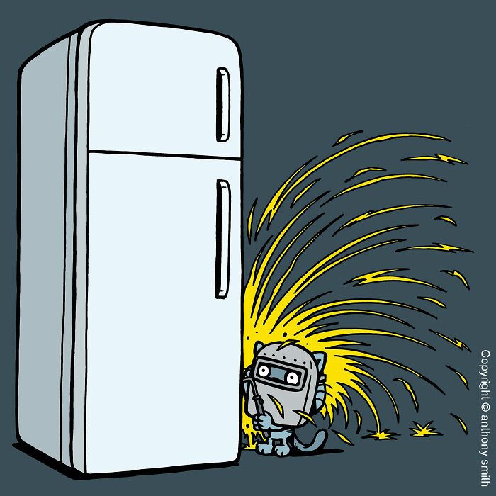 Cattitude: An artist illustrates a cat welding a refrigerator, creating sparks, showcasing funny cat behavior.