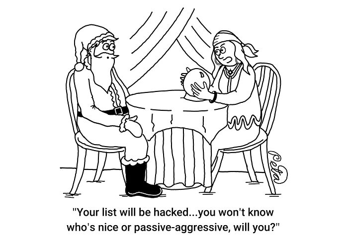 Comic depicting Santa consulting a psychic about a hacked nice list