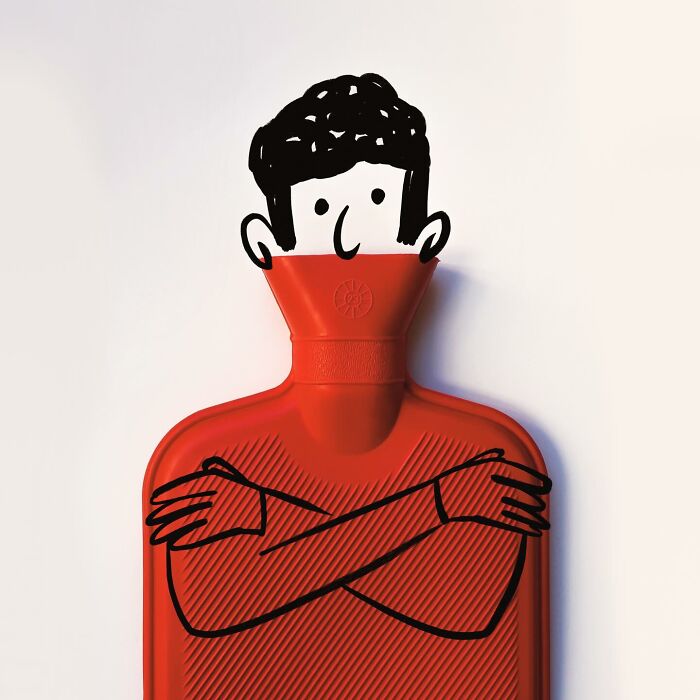 A red hot water bottle transforms into a cold man in this creative playful illustration.