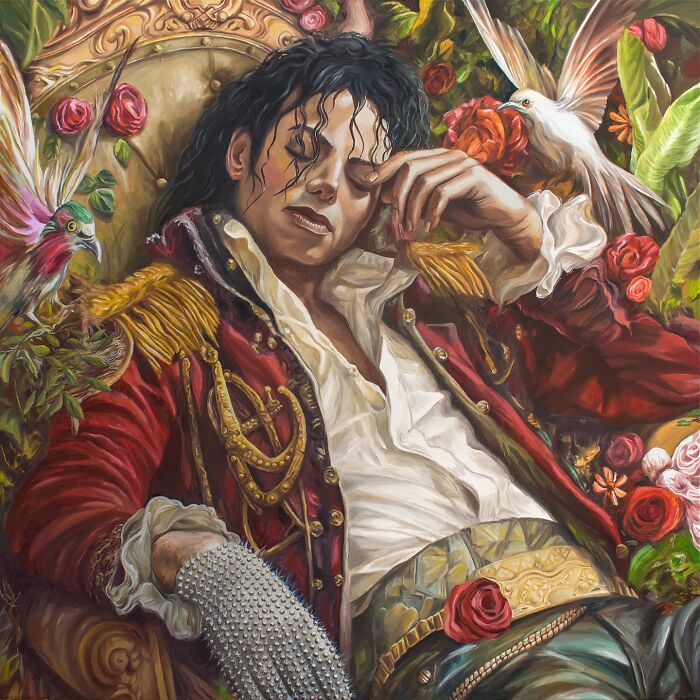 Michel Devanakis portrait painting of Michael Jackson resting in a red military jacket surrounded by roses.