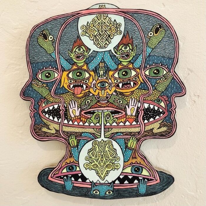 Theo Ellsworth complex double-headed psychedelic face illustration