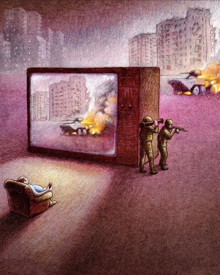 Satirical illustration: A person watches TV, showing a war scene, while actual soldiers stand by the TV, blurring reality and media in modern society.
