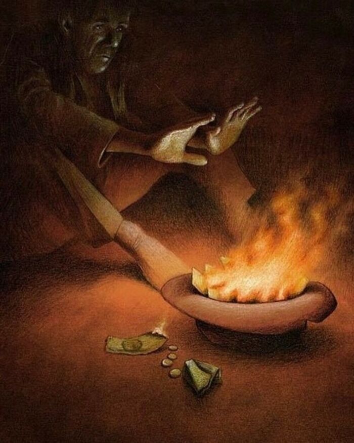 Satirical illustration: A person warms their hands over a burning hat and money, depicting poverty and desperation in modern society.