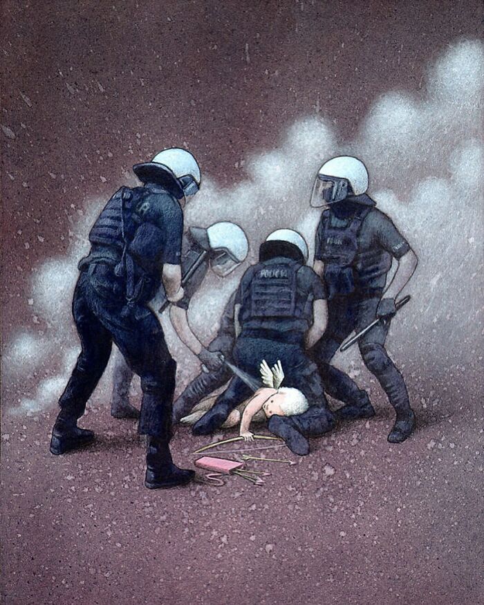 Satirical illustration: Police officers in riot gear apprehend a winged, cherubic figure representing love, suggesting societal suppression.