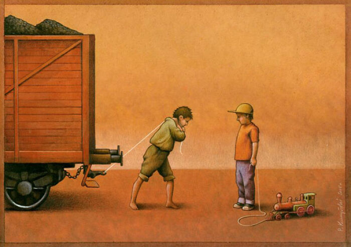 Satirical illustration: A boy struggles to pull a heavy wagon of coal, while another boy effortlessly pulls a toy train.