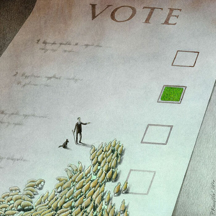 A man leading sheep to check a box filled with green grass on a ballot, a satirical illustration of modern society.
