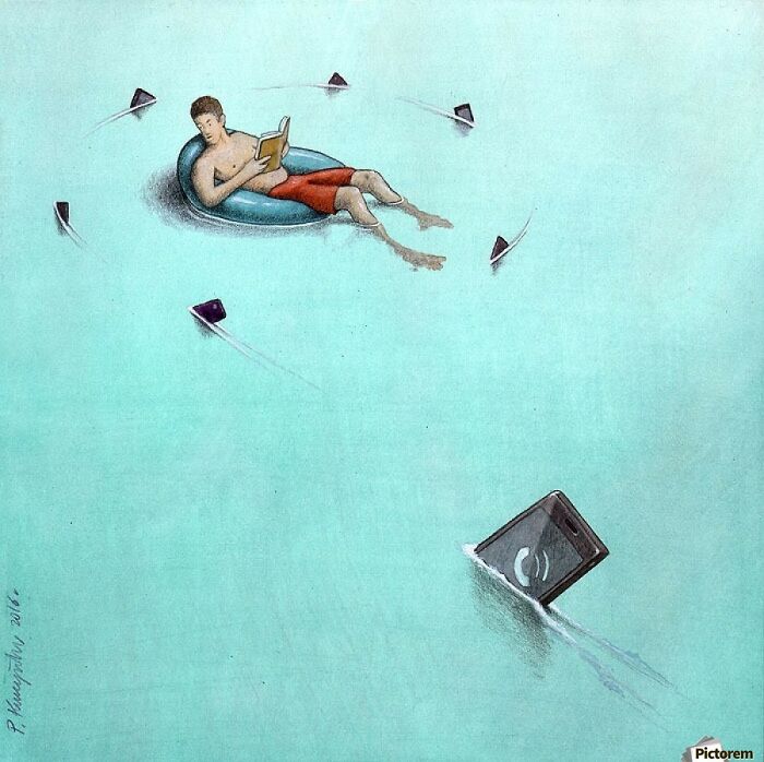 A man reads in a pool while a smartphone sinks, a satirical illustration highlighting modern society's issues.
