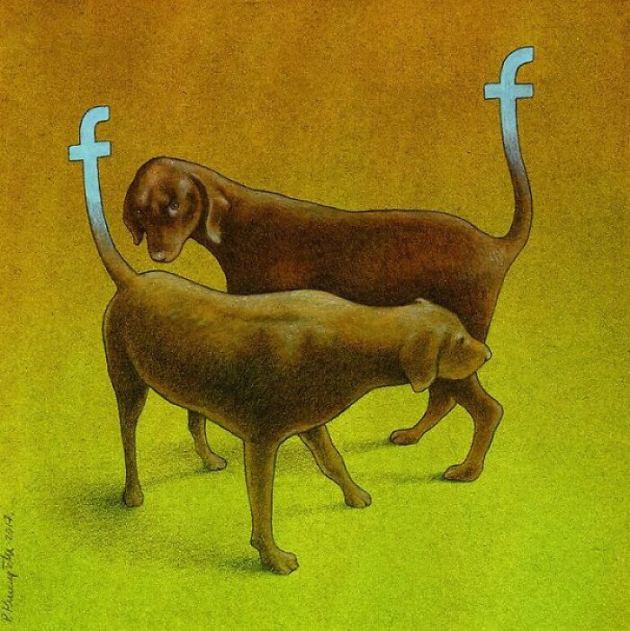 Two dogs with Facebook F-shaped tails, a satirical illustration highlighting issues in modern society.