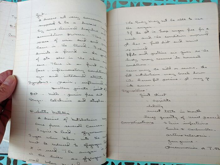 Handwritten notes on diabetes and other diseases in an old notebook documenting medical history.