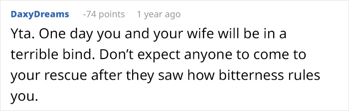 A Reddit comment condemning a man for not saving his half-siblings from foster care, warning of future consequences.