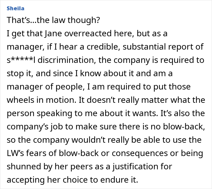 A comment outlining legal requirements regarding reporting discrimination and gender-biased behavior A comment outlining legal requirements regarding reporting discrimination and gender-biased behavior