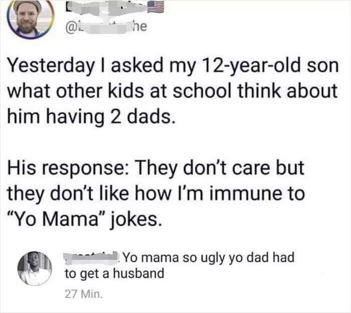 A text conversation meme about a child with two dads being immune to Yo Mama jokes, a comedy masterpiece.