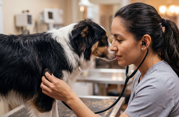 A veterinary worker checking a dog's heartbeat with a stethoscope, illustrating moments workers are done.