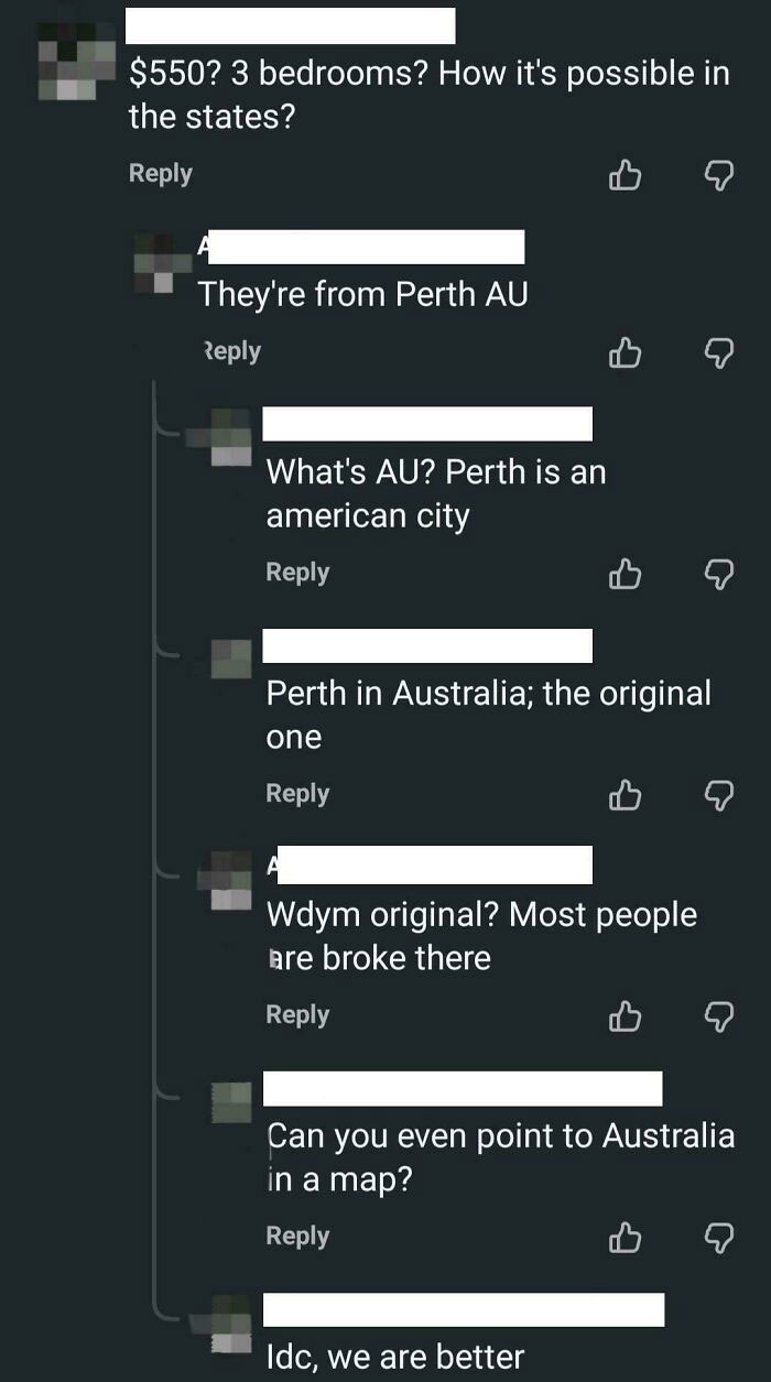 A social media exchange where people show American stupidity by not knowing Perth, Australia, or even where Australia is on a map.